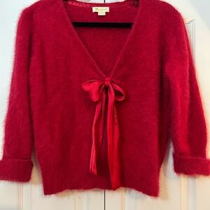 Monsoon Red Fuzzy Cardigan Sweater Bow Tie Front Soft Cozy Size 16